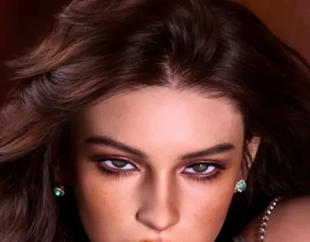 Doll with long dark wavy hair and green eyes