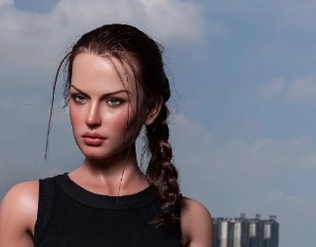 Doll with a long dark braid in a black tank top, city skyline behind